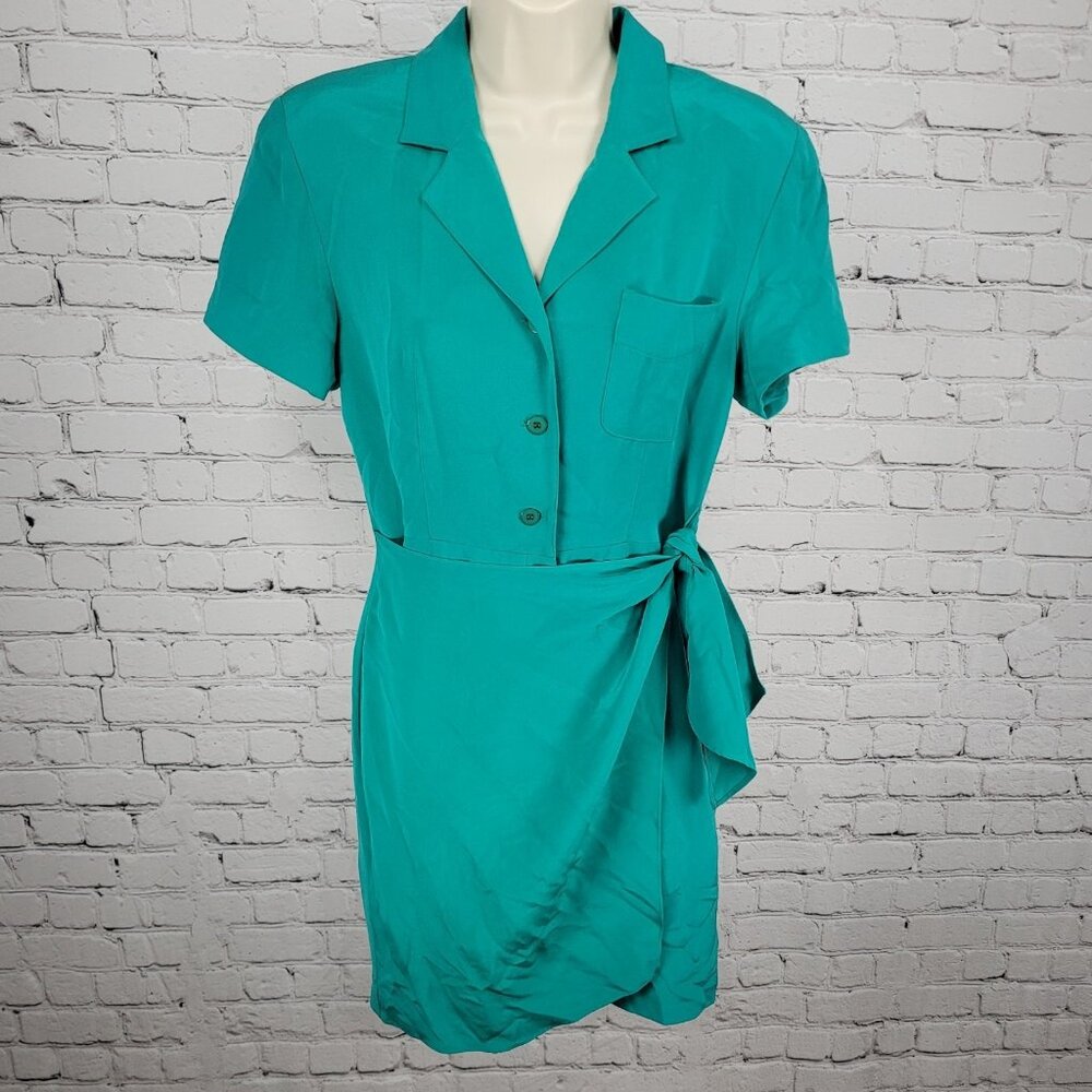 VTG Pat Argenti Green 100% Silk Short Sleeve Buttoned Wrap Tie Dress Size 6